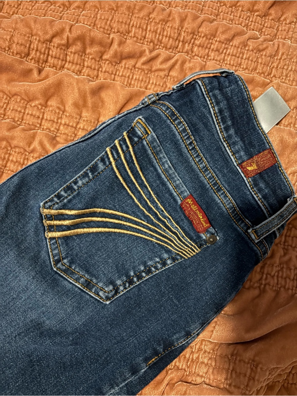 7 For All Mankind Dark Blue Bootcut Jeans with Gold Stitching